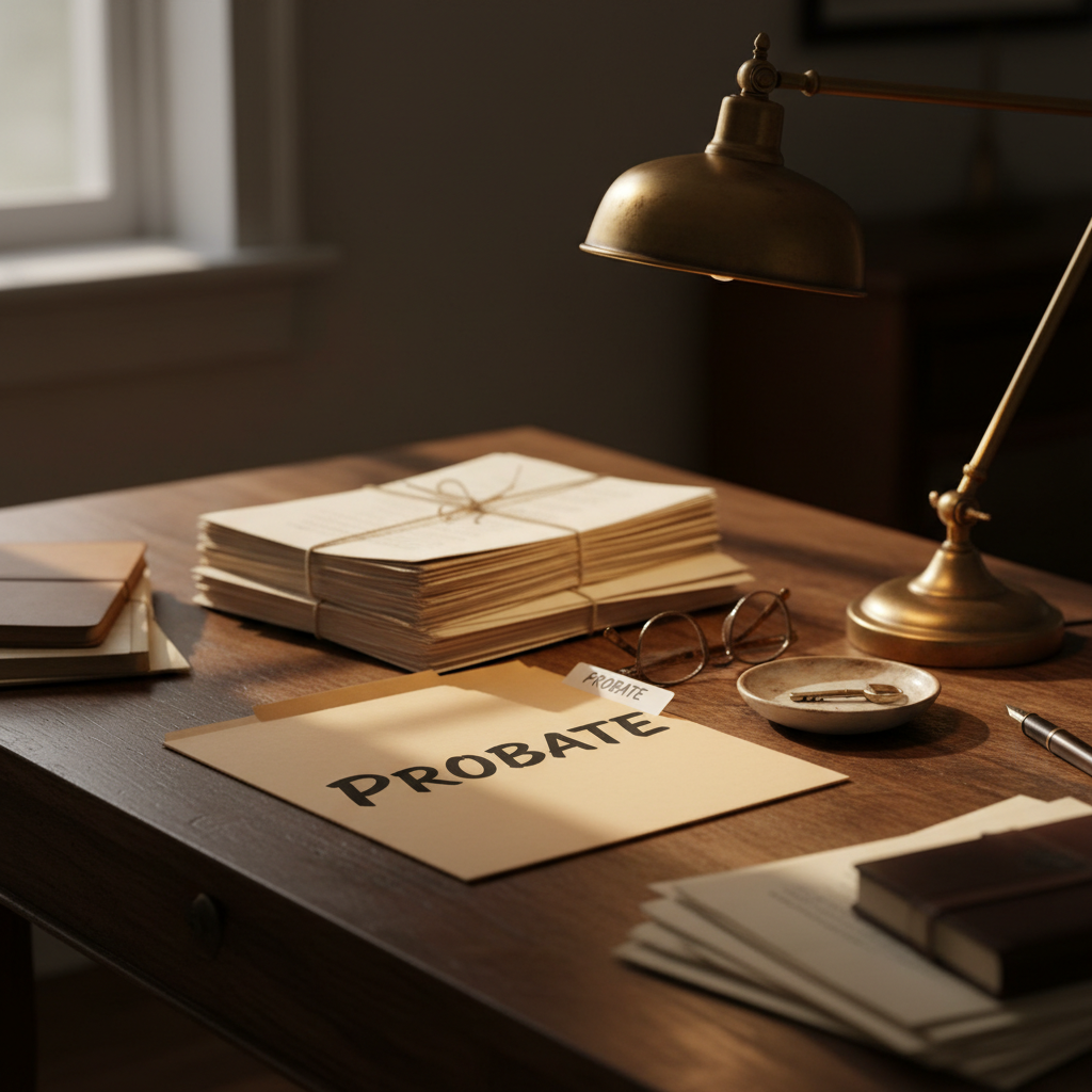 An old-fashioned wooden writing desk with a slightly uneven surface, scattered with neatly stacked documents, a manila folder labeled “Probate,” a pair of reading glasses, and a brass desk lamp. A small ceramic dish holds a simple house key and a worn wedding band. Warm, late-afternoon light from a nearby window mixes with the lamp’s soft glow, creating layered highlights and long, contemplative shadows across the paperwork. The composition uses the rule of thirds, focusing on the probate folder and key in sharp detail while the edges fall into gentle blur. The mood is sober yet organized, conveying practical guidance amid grief, in a clean, realistic photographic style.
