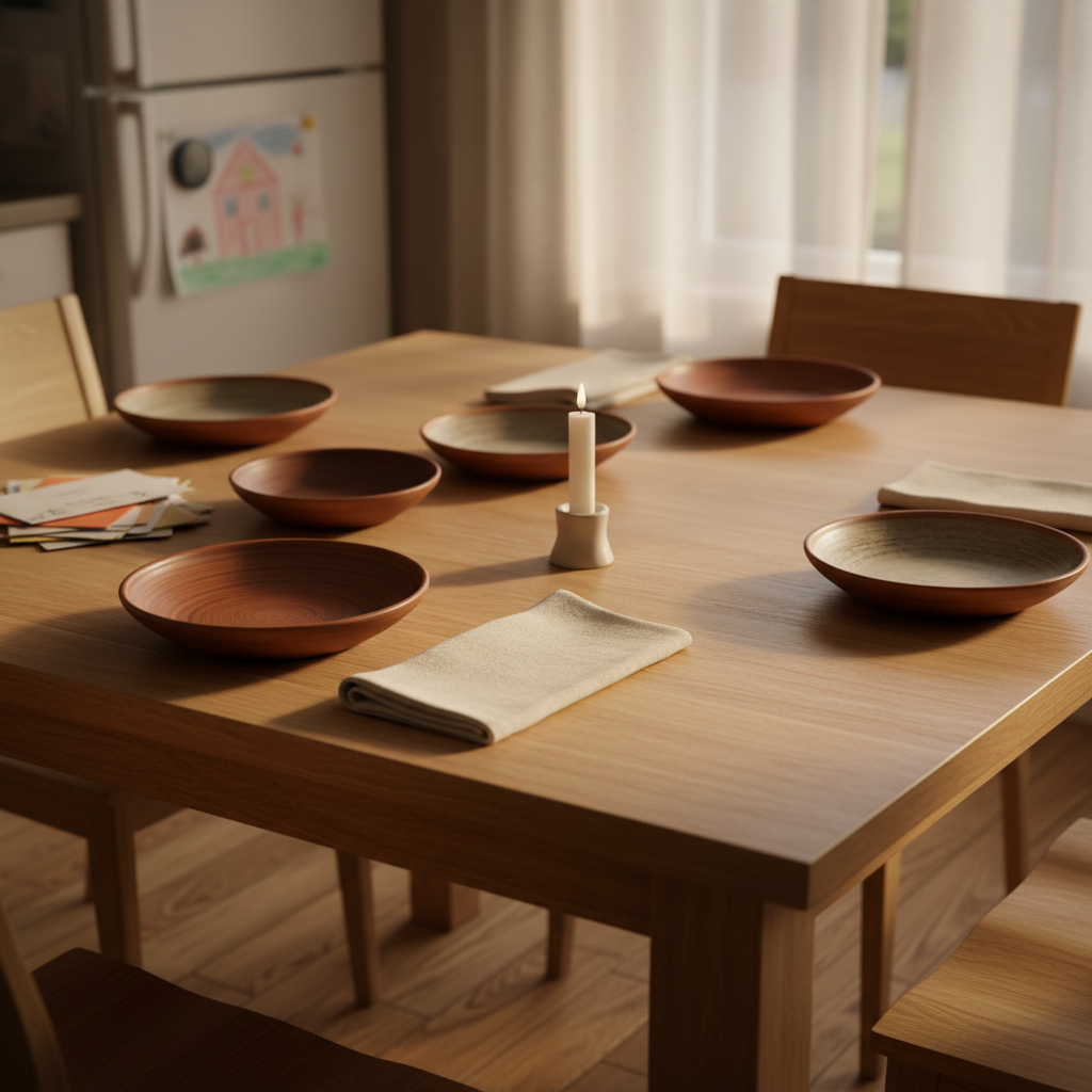 A dining table made of light oak, partially set with mismatched but cherished ceramic plates, a single place setting left intentionally empty with just a folded linen napkin and a small, unlit candle. Around it, there are signs of everyday family life: a child’s drawing magneted to a nearby fridge in soft focus, a stack of unopened mail at the table’s edge. Late evening golden light pours through sheer curtains, casting warm tones and elongated, tender shadows. Shot from a slightly elevated angle, the empty place setting is centered, with a shallow depth of field isolating it gently. The atmosphere is bittersweet yet loving, rendered in natural, photographic realism.