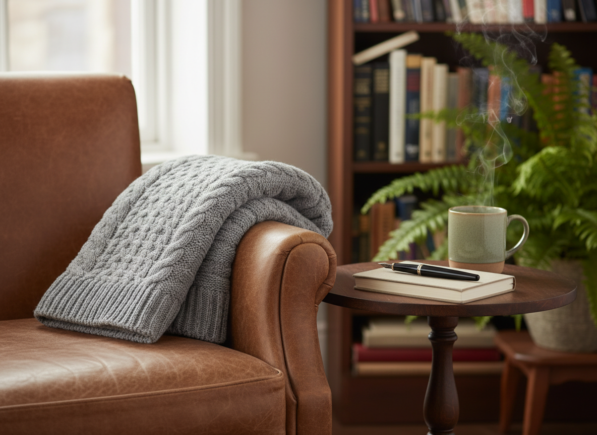 A neatly folded, soft grey knitted blanket resting on the corner of a well-worn leather armchair, a closed hardcover journal and a single fountain pen placed carefully on the adjacent wooden side table. A mug of herbal tea sits beside the journal, faint steam curling upward. The scene is set near a large window on an overcast afternoon, with diffused natural light casting gentle, even shadows and subtle highlights on the leather texture. The background is softly blurred bookshelves and a small plant, photographed at eye level with a shallow depth of field. The mood is calm, reflective, and quietly hopeful, captured in clean, photographic realism for a modern grief and healing blog.