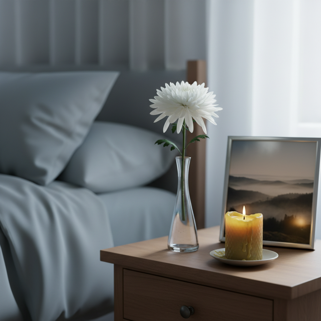 A bedside table in a quiet bedroom, holding a small glass vase with a single white chrysanthemum, a partly burned beeswax candle, and a framed landscape photograph tilted slightly back against the wall. The bed beside it is neatly made with soft, muted linens in dove grey and pale blue. Cool, early-morning light filters through semi-opaque curtains, creating a tranquil, diffused illumination and soft shadows that emphasize the flower’s delicate petals. Captured at a close, eye-level angle with shallow depth of field, the focus rests on the flower and candle, while the headboard and wall art blur into the background. The mood is gentle, introspective, and quietly reverent, perfect for themes of remembrance and ongoing love after loss.