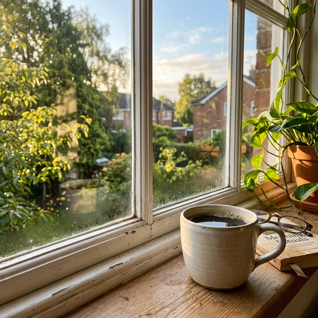 Coffee cup, book, and glasses on a sunny windowsill overlooking leafy homes